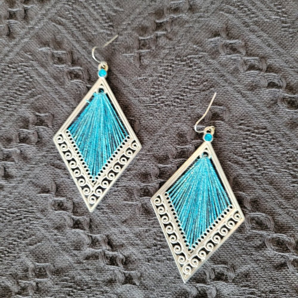 Silver Earrings with Turquoise Thread Accent/Center
